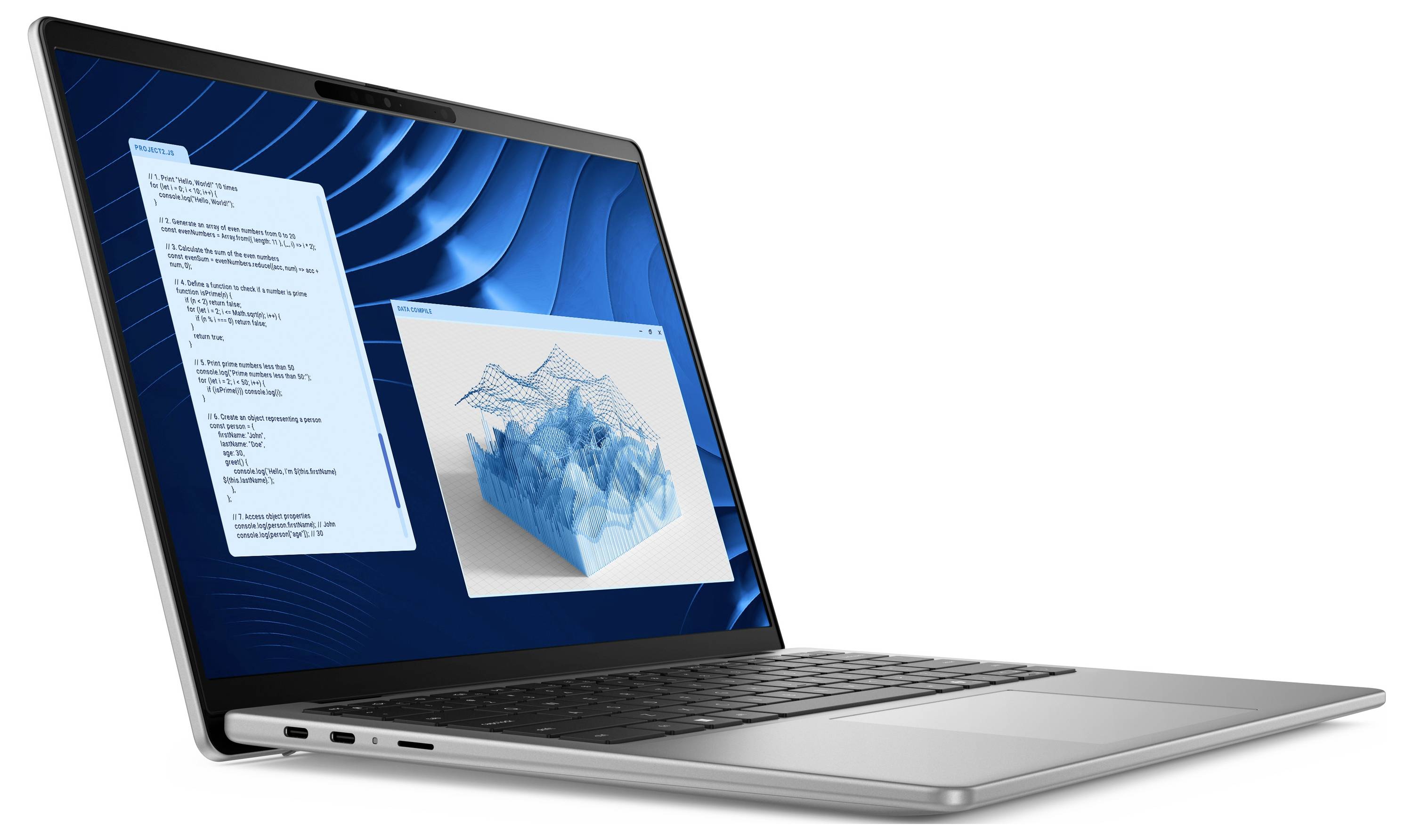 Ein Laptop mit geöffneter Software zeigt ein 3D-Diagramm und Text auf dem Bildschirm, möglicherweise für Datenanalyse oder Präsentation.