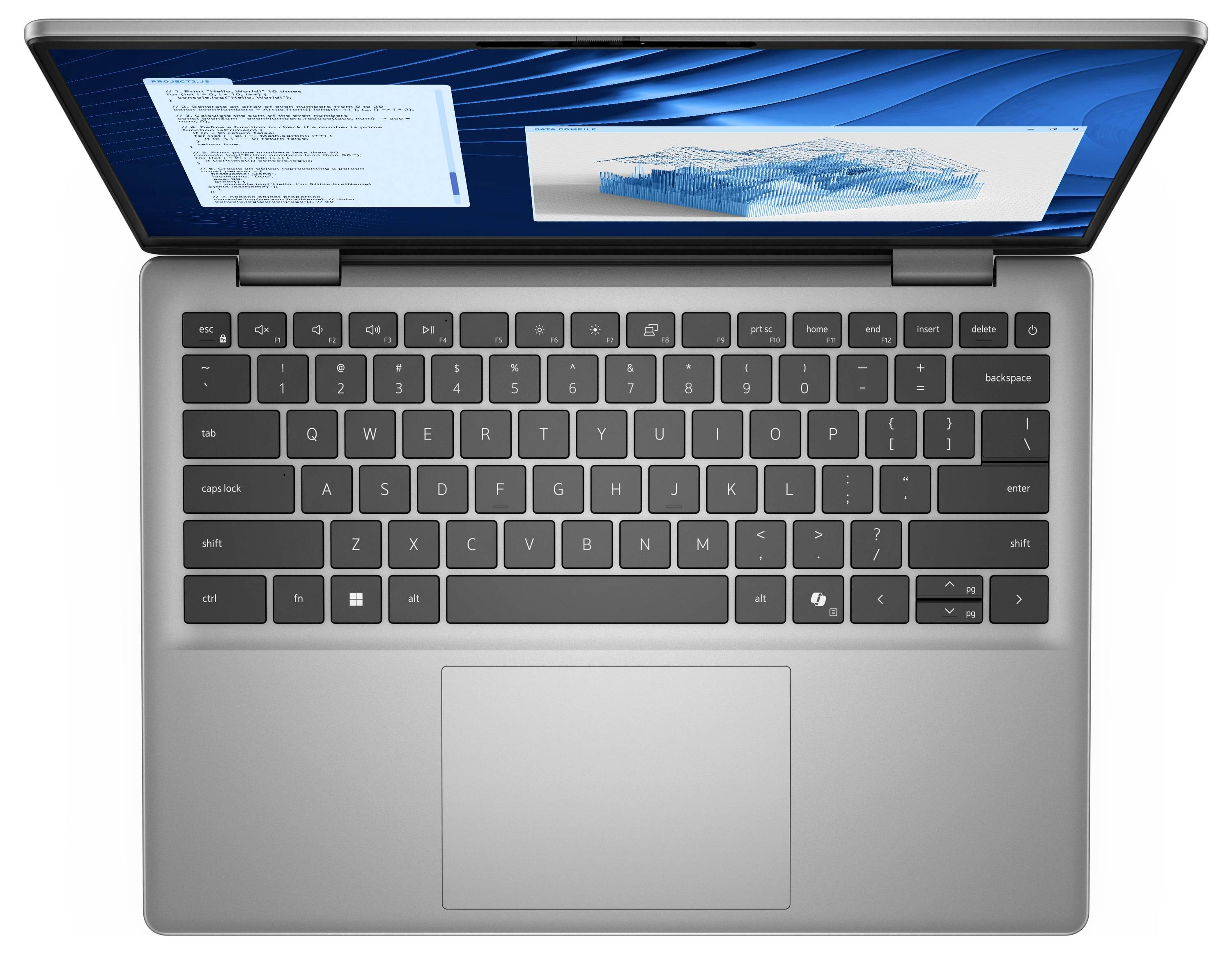 Ein Laptop in Vogelperspektive zeigt eine geöffnete CAD-Anwendung und eine Textdatei auf dem Bildschirm, umgeben von blauen Wellen.