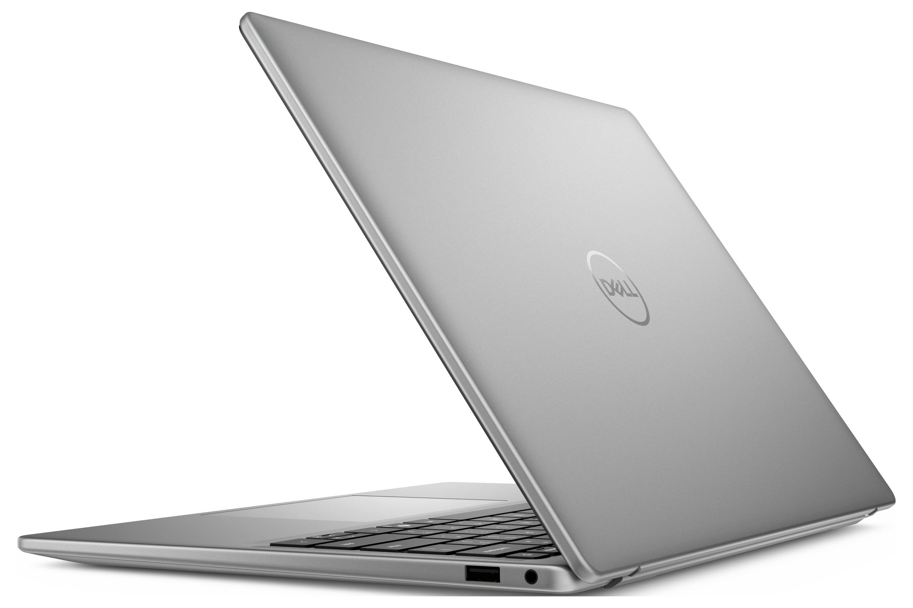 Silberner Laptop von der Seite gezeigt, Bildschirm leicht geöffnet, schlankes Design, dezentes Logo auf der Rückseite des Bildschirms.