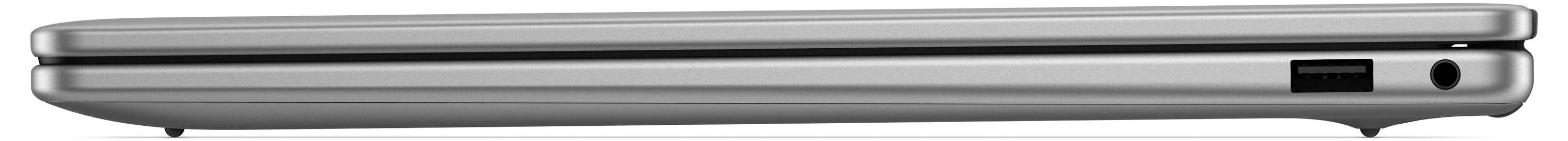 Ein geschlossenes, silbernes Laptop mit einem schlanken Design und einer seitlichen Anschlussöffnung.