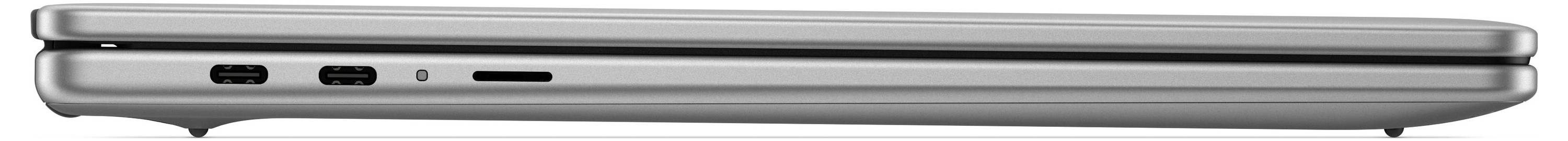 Geschlossener Laptop von der Seite gesehen mit zwei USB-C-Anschlüssen und einem Kopfhöreranschluss.