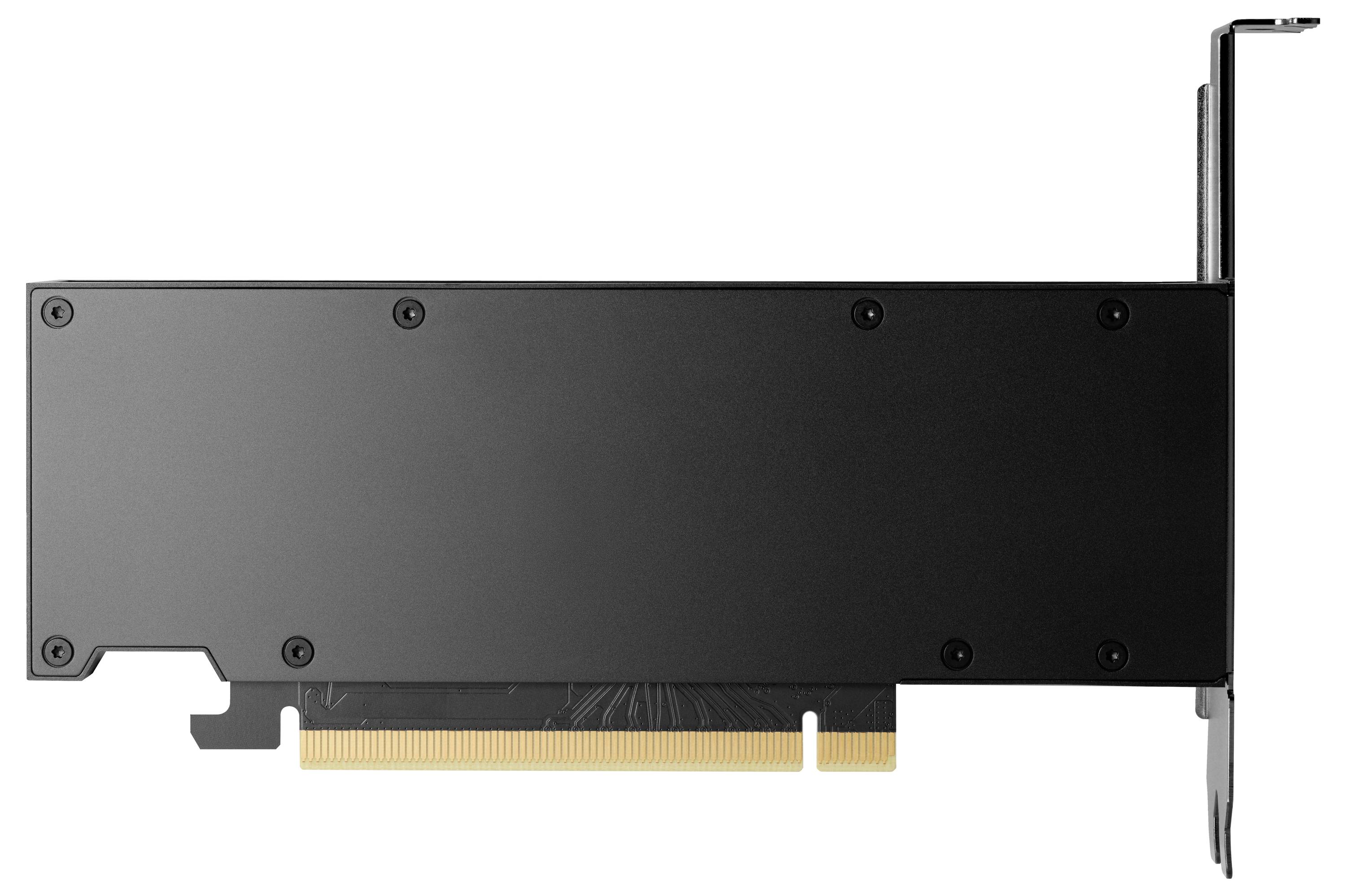 Eine schwarze, rechteckige Grafikkarte mit PCIe-Anschluss, die für den Einbau in Computergehäuse geeignet ist.