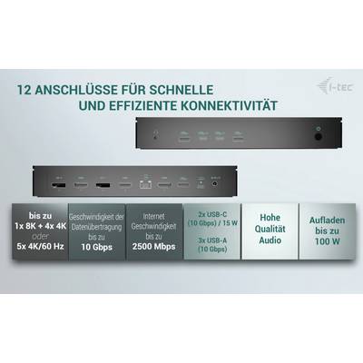 'Abbildung zeigt ein Dock mit 12 Anschlüssen, darunter USB-C, HDMI, Audio und Ethernet mit Geschwindigkeiten bis zu 2500 Mbps.'