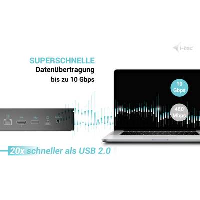 Das Bild zeigt ein Laptop und Anschlussgerät mit Text 'Superschnelle Datenübertragung bis zu 10 Gbps'. Vergleich: '20x schneller als USB 2.0'.