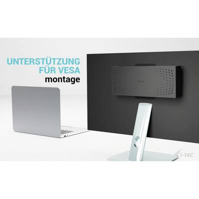 Laptop und Monitor mit Halterung. Text: 'Unterstützung für VESA Montage'.