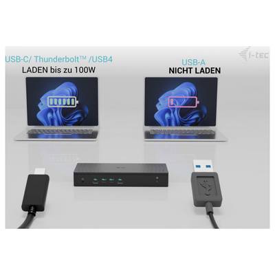'Zwei Laptops; links: USB-C/Thunderbolt lädt bis 100W, Akku gefüllt; rechts: USB-A lädt nicht, leerer Akku; USB-Hub in der Mitte.'