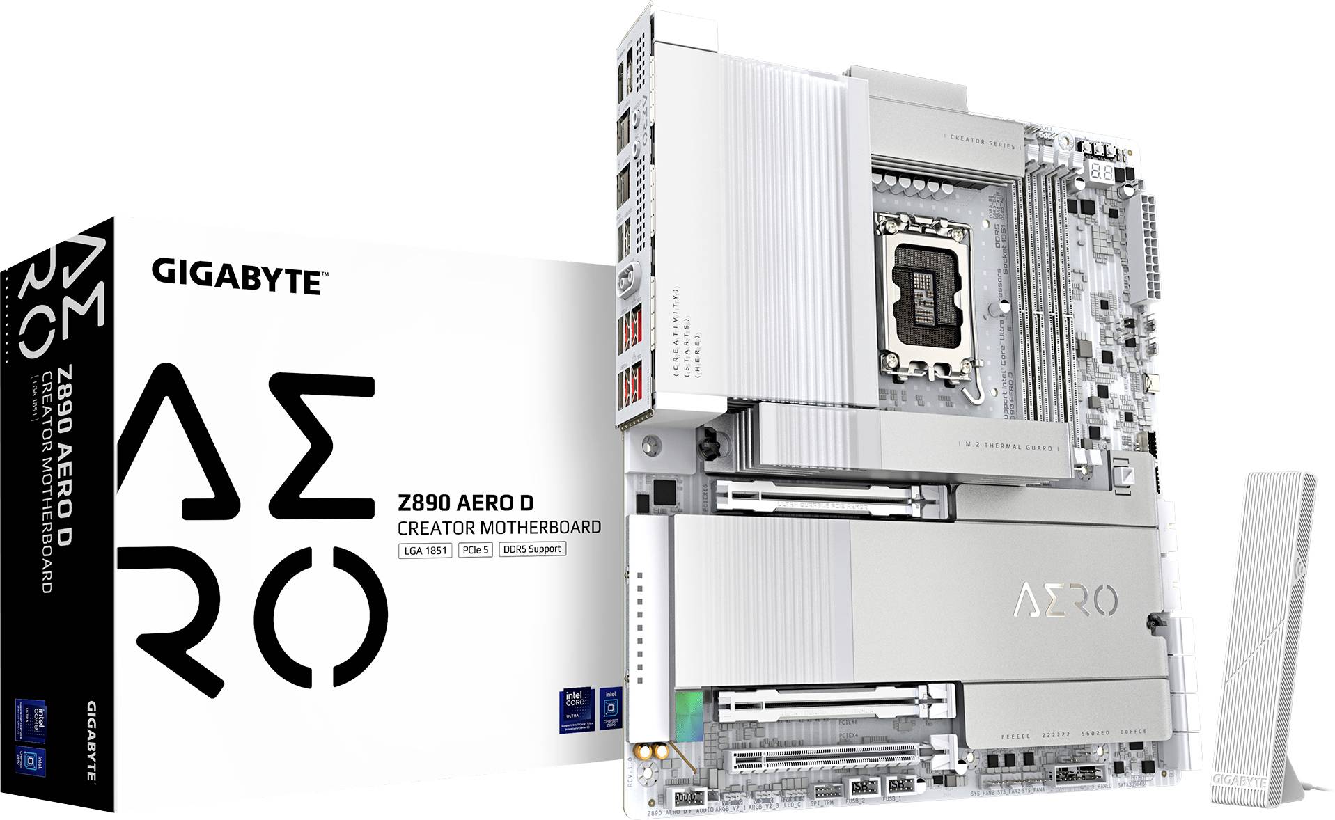 Ein 'GIGABYTE Z890 AERO D' Motherboard vor der Verpackung. Das Board bietet umfassende Anschlussmöglichkeiten für Creator-Anwendungen.