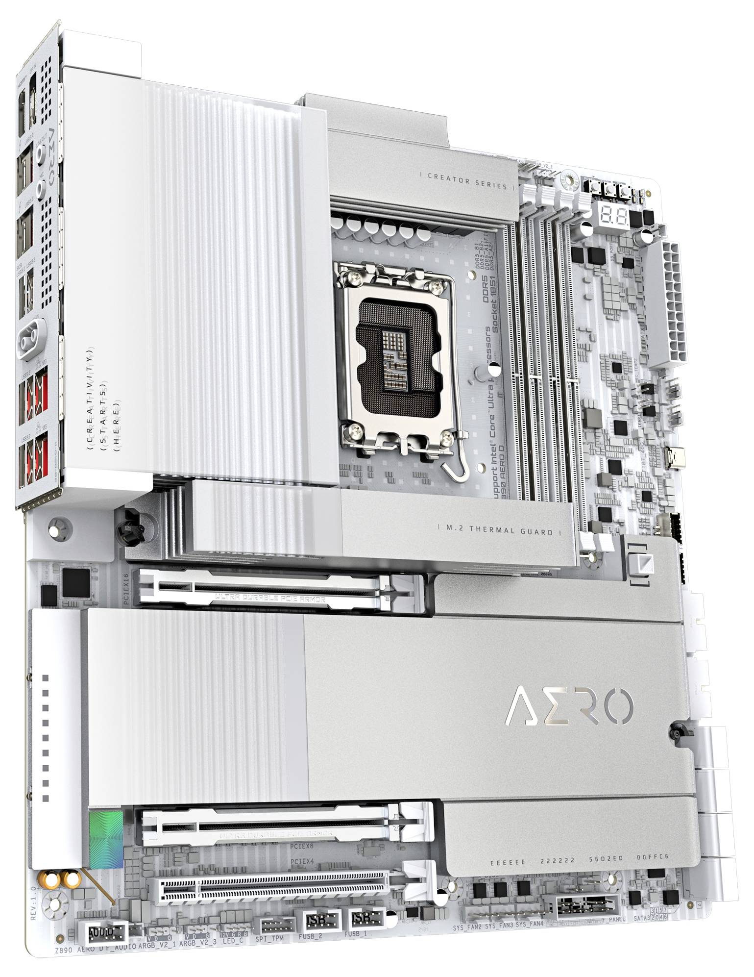 Computermainboard mit Metallelementen, mehreren Anschlüssen und Slots, markiert mit 'AERO', verwendet für High-Performance-Computing.