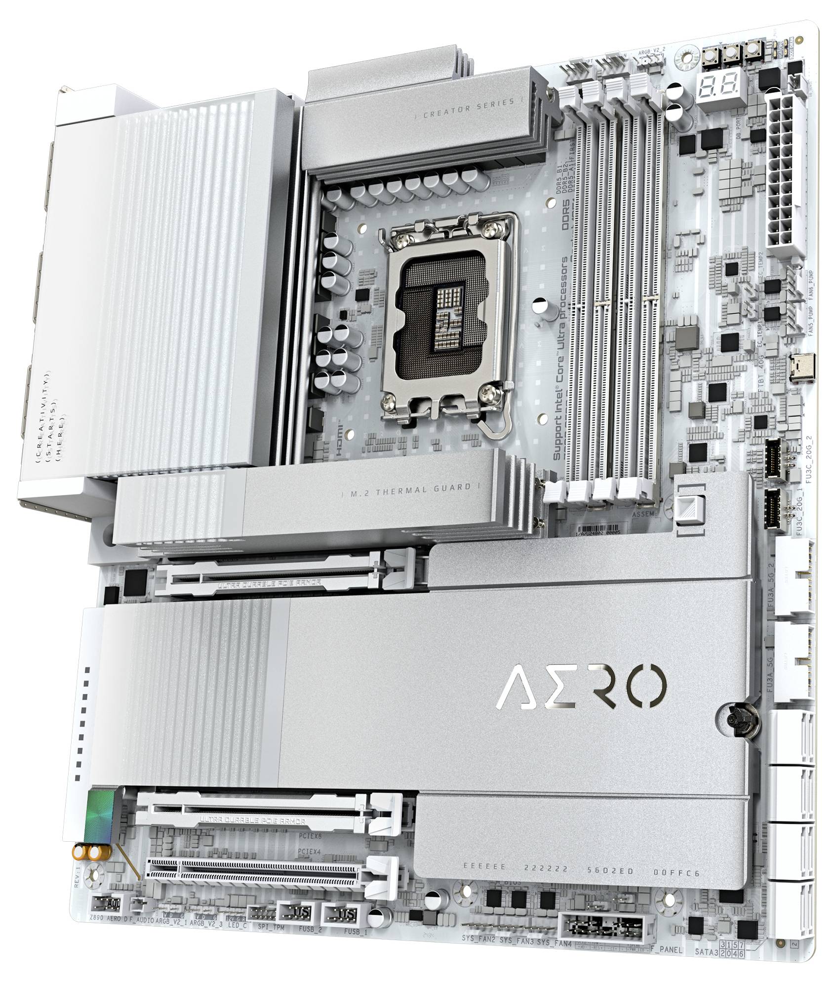 Computermainboard mit silbernem Design, mehreren Steckplätzen für RAM und einem Sockel für die CPU. Markiert mit 'AERO'.