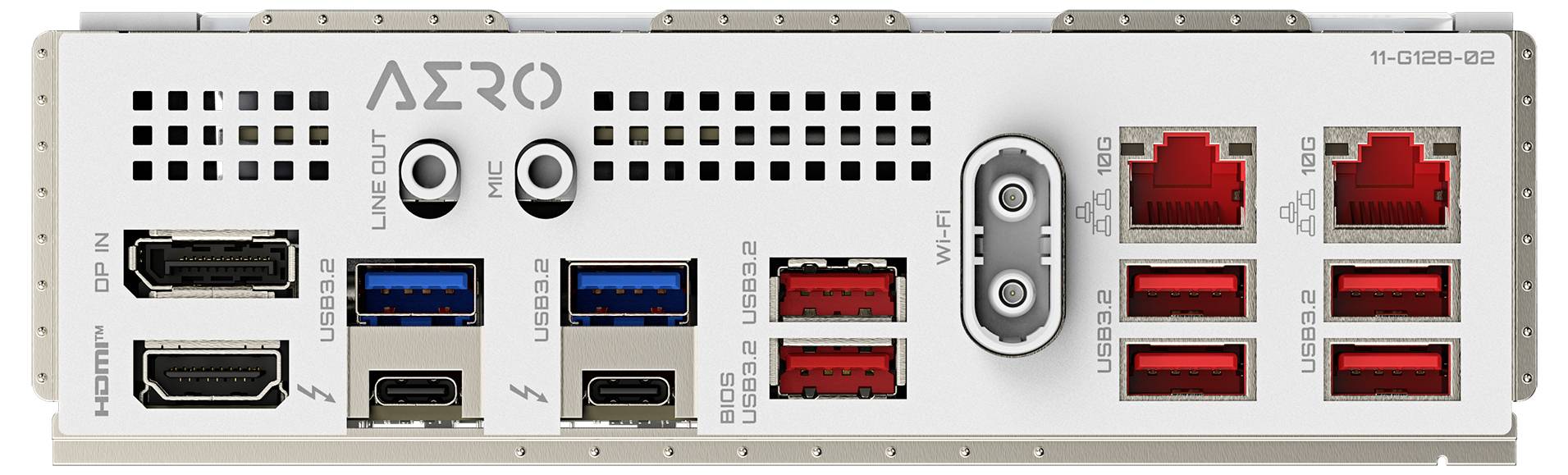 Rückseite eines Computer-Motherboards mit mehreren Anschlüssen, einschließlich HDMI, USB, Ethernet und Audio. Modellname: 'AERO'.