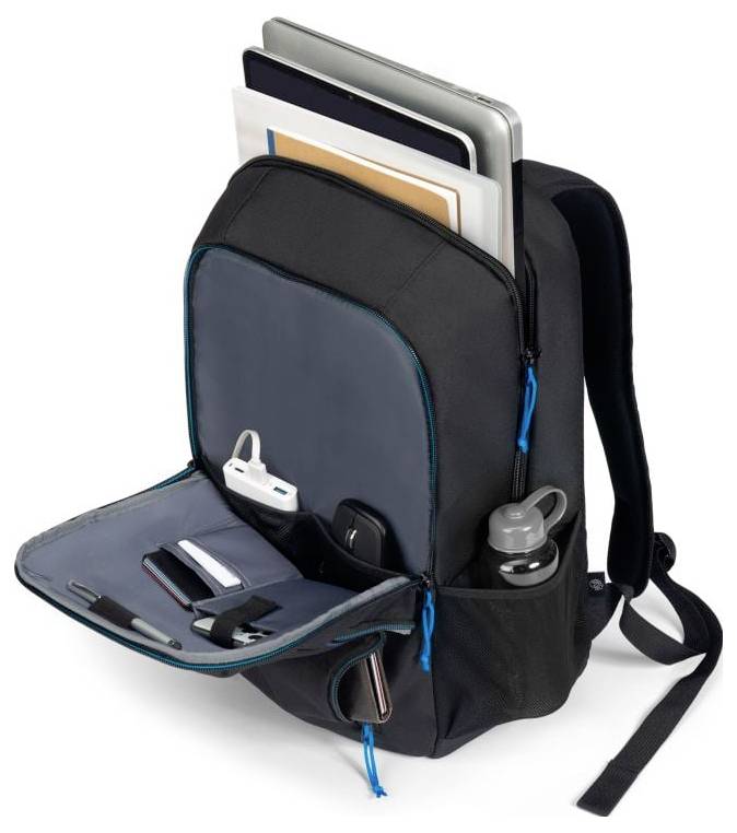 Schwarzer Rucksack mit geöffnetem Fach. Sichtbar sind Laptop, Tablet, Schreibutensilien und Wasserflasche.