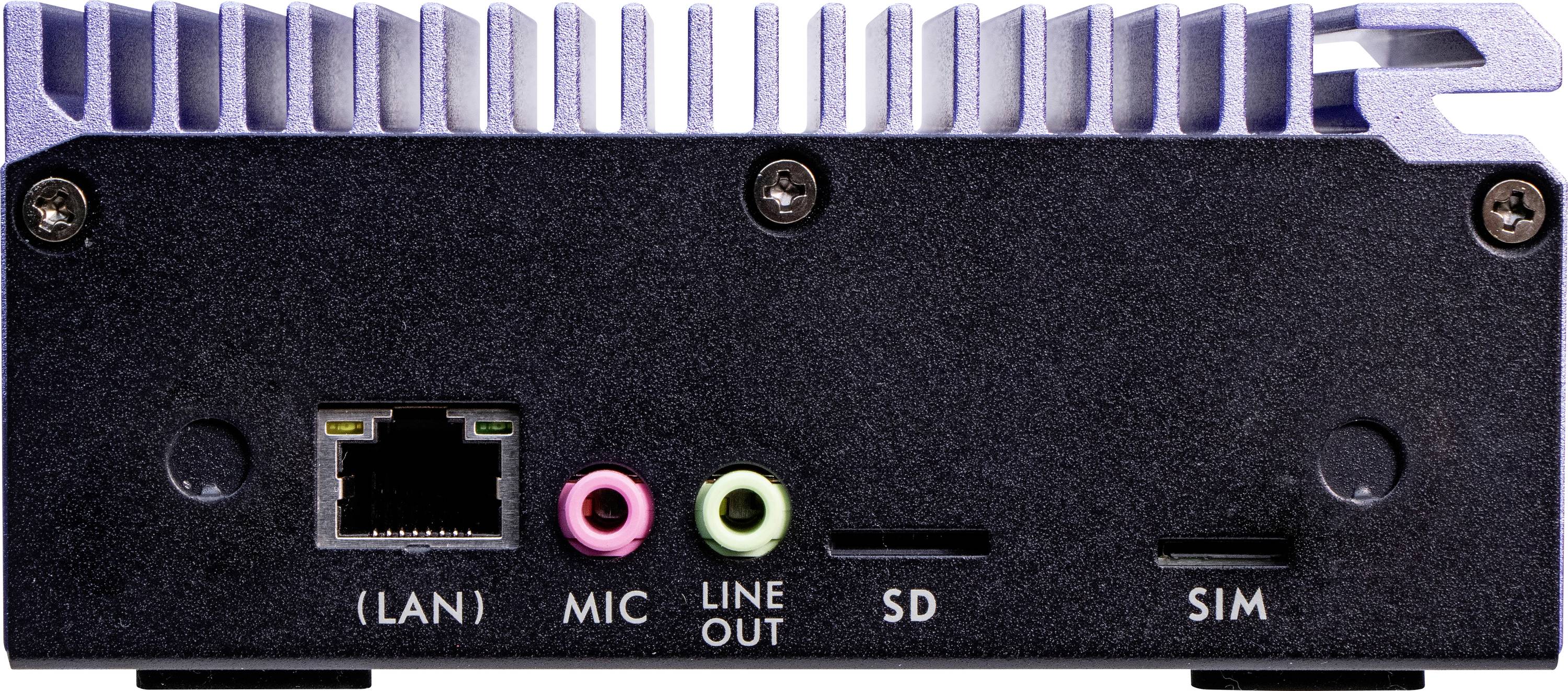Rückseite eines Geräts mit Anschlüssen: LAN, MIC, Line Out, SD-Kartensteckplatz und SIM-Kartensteckplatz. Oberkante hat Kühlrippen.