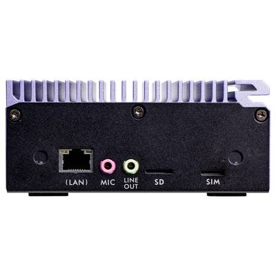Der gezeigte Gegenstand ist die Rückseite eines Mini-PCs mit Anschlüssen für LAN, Mikrofon, Audioausgang, SD-Karte und SIM-Karte.