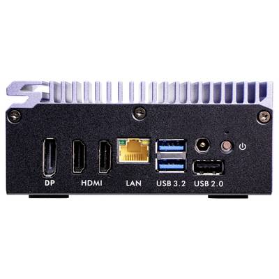 Das Bild zeigt die Rückseite eines Mini-PCs mit Anschlüssen: DisplayPort (DP), HDMI, LAN, zwei USB 3.2-, ein USB 2.0-Anschluss und Ein-/Ausschaltknopf.