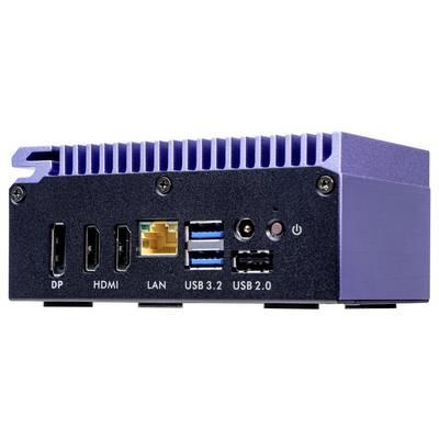 Ein kompakter, lila Mini-PC mit mehreren Anschlüssen: zwei DisplayPorts, HDMI, LAN, zwei USB 3.2, USB 2.0 und Netzschalter.