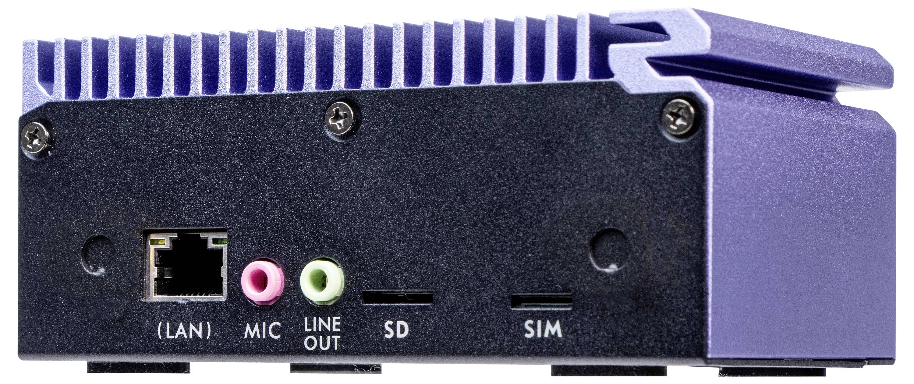 Ein Gerät mit Anschlüssen für LAN, Mikrofon, Line-Out, SD-Karte und SIM-Karte. Oben befinden sich Kühlrippen.