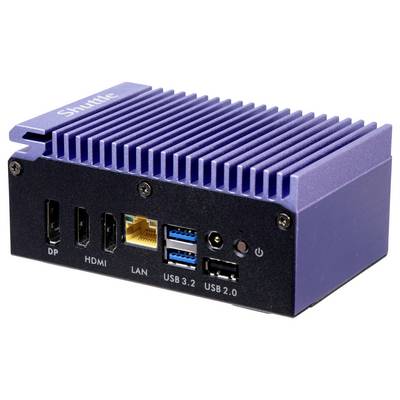 Ein kompakter blauer Mini-PC von Shuttle mit Lüftungsschlitzen, LAN, HDMI, USB- und DP-Anschlüssen, geeignet für vielseitige Anwendungen.