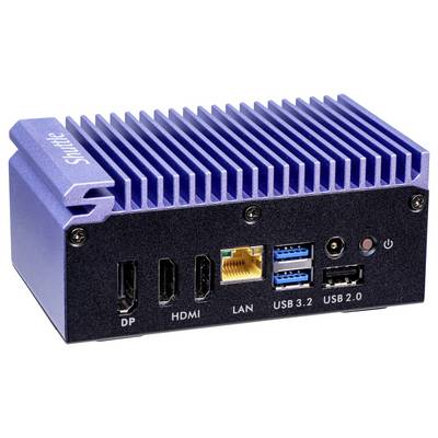 Ein kompakter Mini-PC mit blauer Lamellen-Kühlung zeigt Anschlüsse: DP, HDMI, LAN, zwei USB 3.2, USB 2.0, Audio und Ein-/Ausschalter.