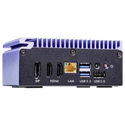 Ein kompakter Computer zeigt mehrere Anschlüsse: DP, HDMI, LAN, zwei USB 3.2, ein USB 2.0 sowie Audio- und Stromanschluss.