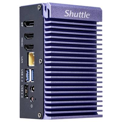 Kompakter, lila Computer mit seitlichen Anschlüssen: HDMI, DP, LAN, USB 3.2 und USB 2.0. Oberseite mit Markennamen 'Shuttle'.