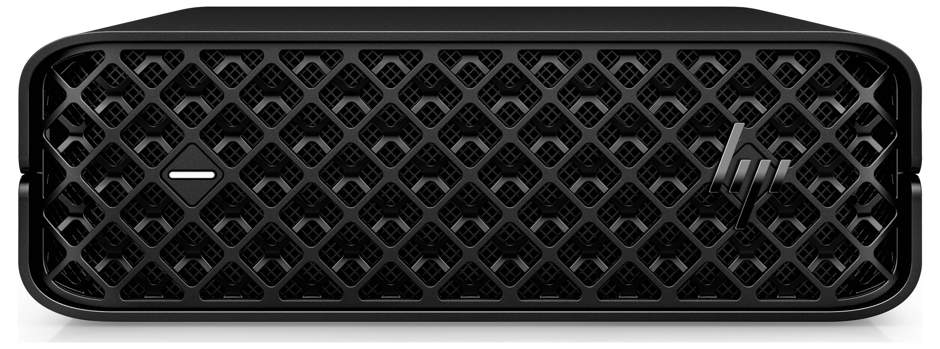 Schwarzes, rechteckiges Gerät mit Lüftungsgitter und einem Logo auf der Vorderseite.