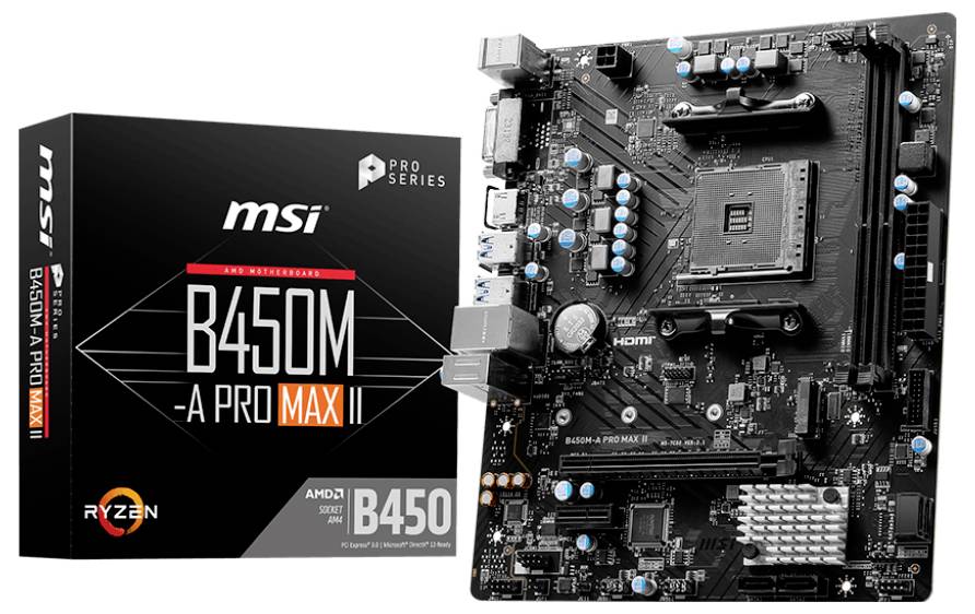 'MSI B450M-A PRO MAX II' Mainboard und Verpackung. Mainboard mit zahlreichen Anschlüssen und Komponenten. Verpackung zeigt Produktname und Logos.