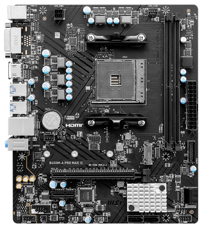 Ein Mainboard mit mehreren Anschlüssen und Steckplätzen für Peripheriegeräte, Speicher und Prozessor in der Mitte.