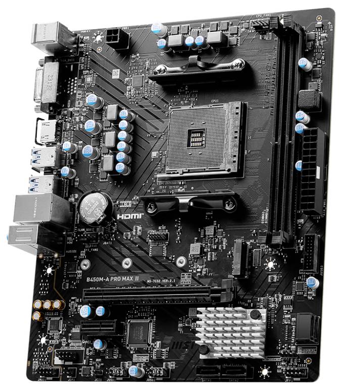 Mainboard mit mehreren Anschlüssen und Steckplätzen für Komponenten. Beschriftet mit 'B450M-A PRO MAX II'. Dreidimensionale Ansicht.