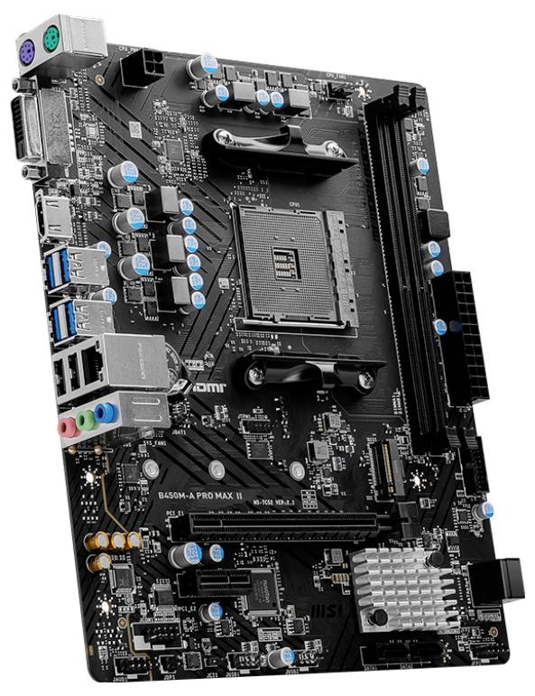 Schwarzes Mainboard mit mehreren Anschlüssen und Steckplätzen, darunter USB- und HDMI-Anschlüsse, SIMM-Steckplätze und Kühlkörper.