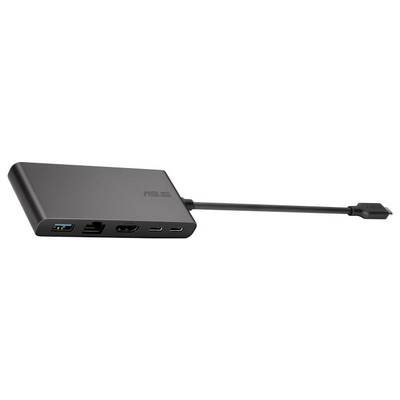 Ein kompakter, schwarzer Adapter mit mehreren Anschlüssen, darunter USB, HDMI und Ethernet. Verbindet sich über ein festes Kabel.