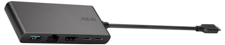 Ein schwarzer Adapter mit mehreren Anschlüssen: USB, Ethernet, HDMI, und USB-C-Kabel. Markenlogo in der Mitte des Geräts.