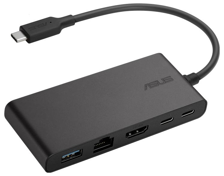 Schwarzer Adapter mit USB-C-Anschlusskabel, mehreren Ports: USB 3.0, HDMI, Ethernet und zwei USB-C-Anschlüssen. Marke ASUS.