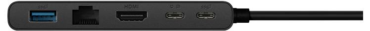 Ein schwarzer USB-C-Hub mit Anschlüssen: USB 3.0, Ethernet, HDMI und zwei USB-C-Anschlüsse. Ein Kabel ragt zur Seite hervor.