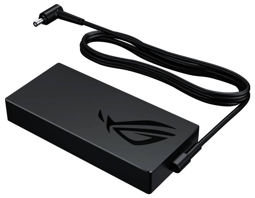 Ein schwarzes, rechteckiges Netzteil mit Kabel und einem Logo, das an ein elektronisches Gerät angeschlossen werden kann.