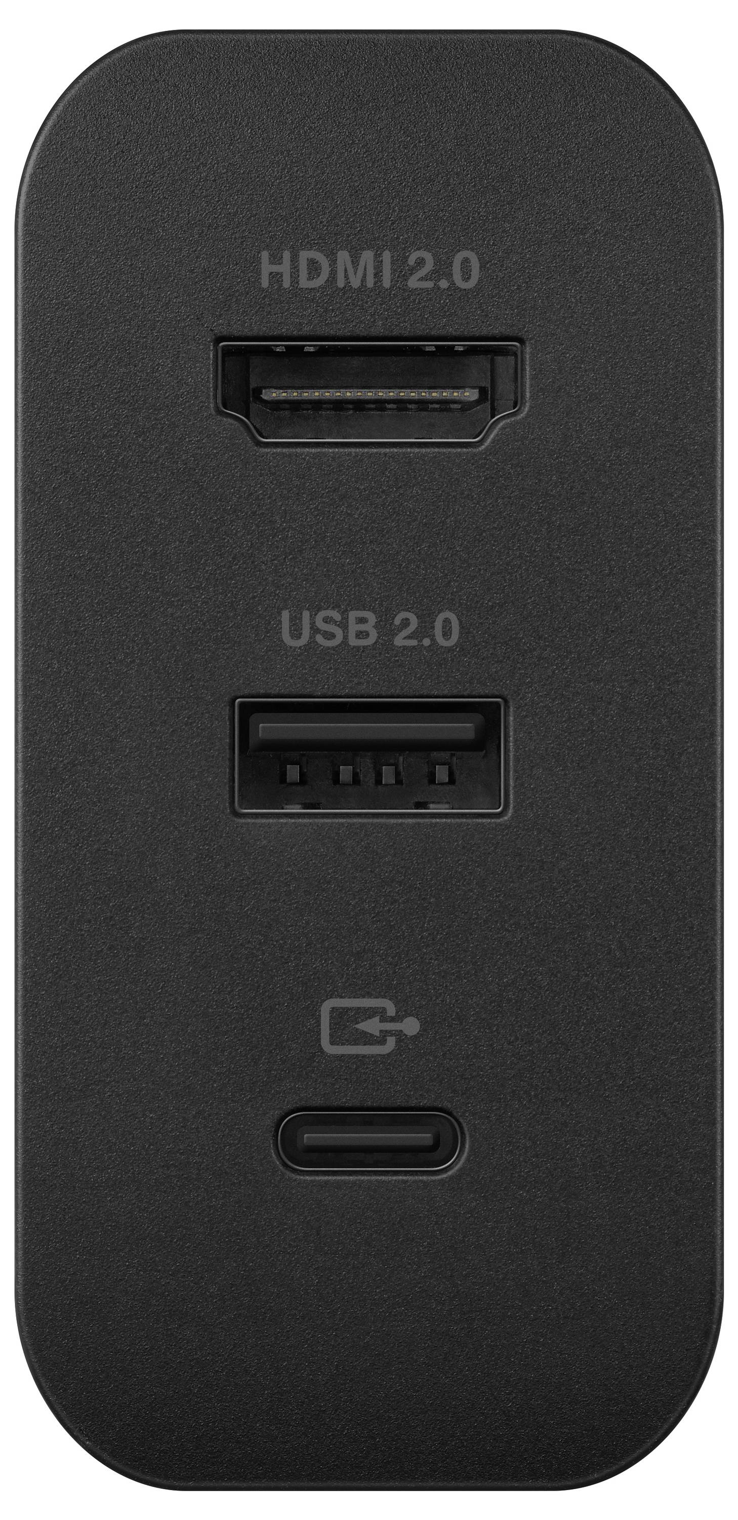 Schwarzer Adapter mit HDMI 2.0, USB 2.0 und USB-C Anschlüssen.