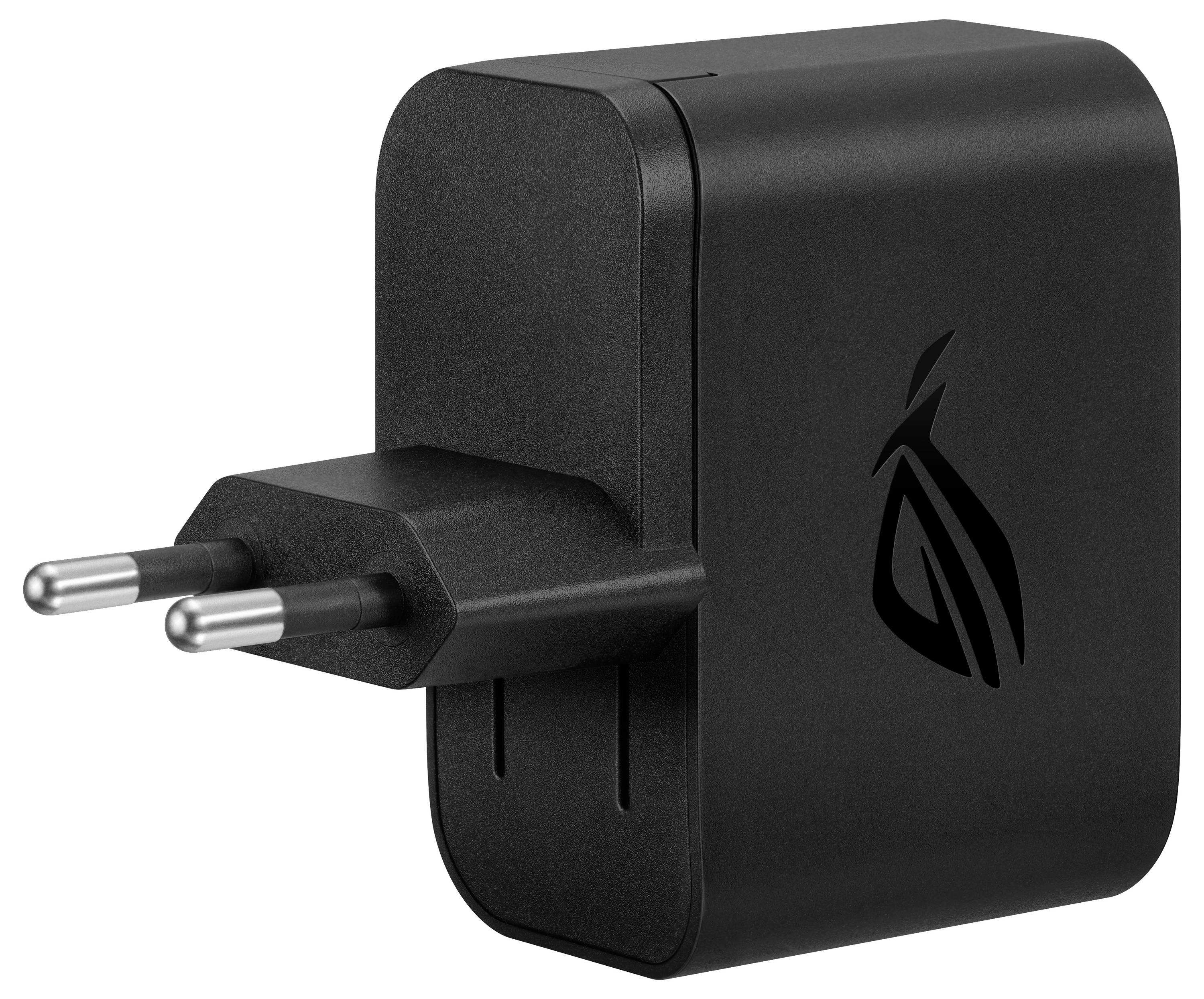 Schwarzes Netzteil mit zwei Eurosteckern und einem stilisierten Logo darauf.