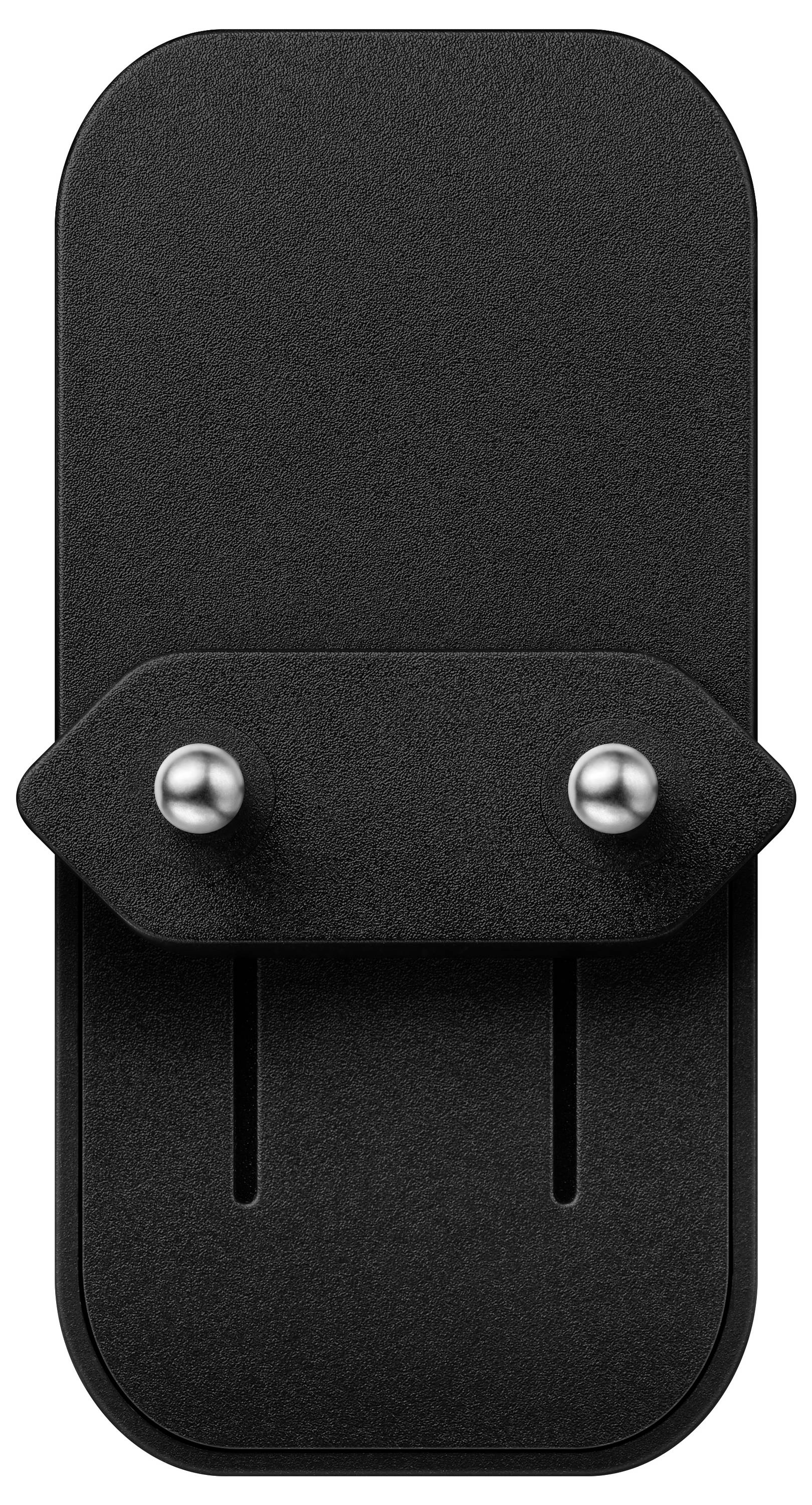 Eine schwarze Gürtelschnalle mit zwei silbernen Bolzen vorne, schlankes Design.