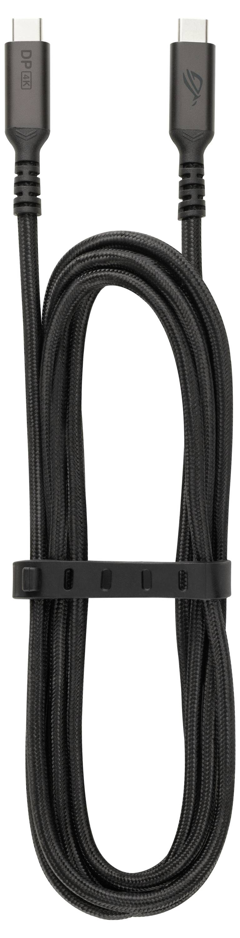 Ein schwarzes USB-C-Kabel mit geflochtenem Design und Kabelbinder, geeignet zum Verbinden elektronischer Geräte.