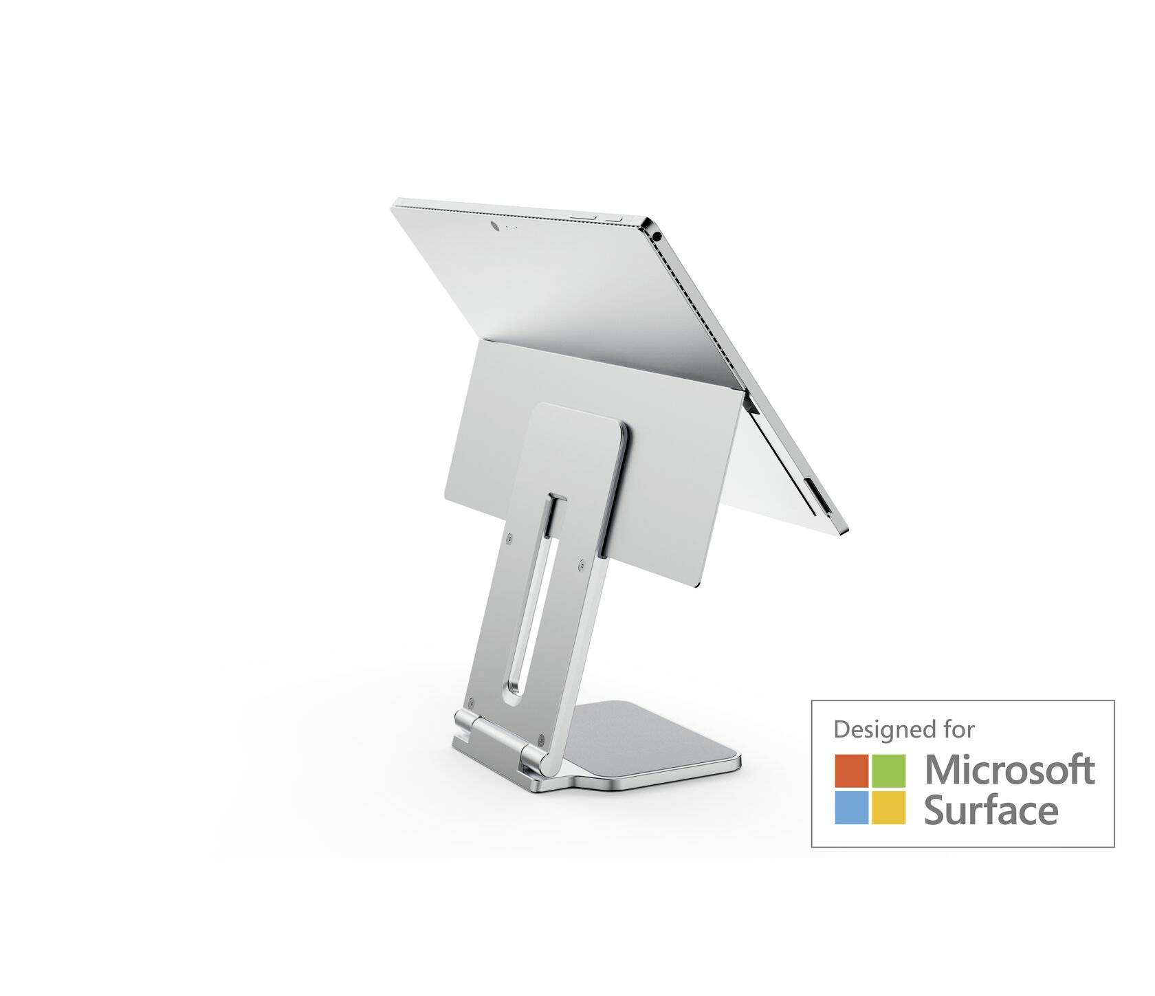 Ein Tablet steht auf einem verstellbaren Ständer. Eine Ecke zeigt das Logo 'Designed for Microsoft Surface'.