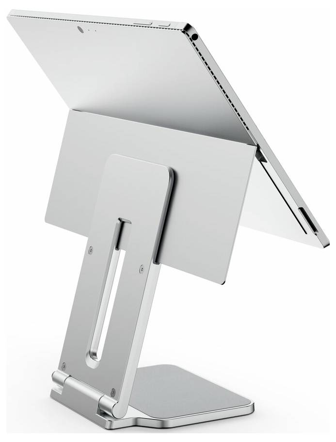 Silberner Tablet-Ständer aus Metall mit verstellbarem Scharnier, das einen Tablet-Computer hält und stabil positioniert.