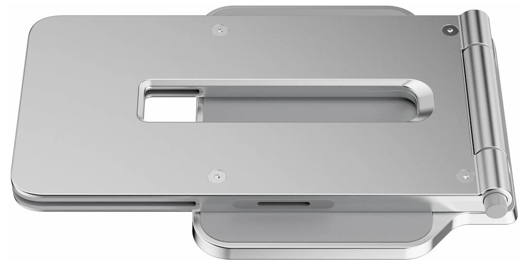 Metallisches Scharnier in silberner Farbe, rechteckig mit Öffnung, geeignet für technische Anwendungen oder Möbelmontage.