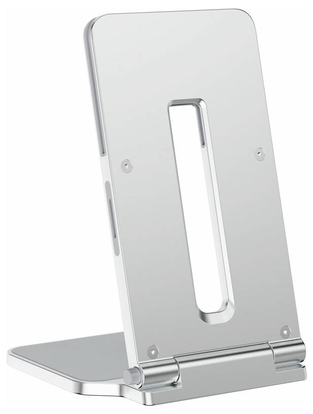 Silberner, verstellbarer Handy-Ständer mit rechteckiger Aussparung in der Mitte, geeignet für Smartphones und Tablets.