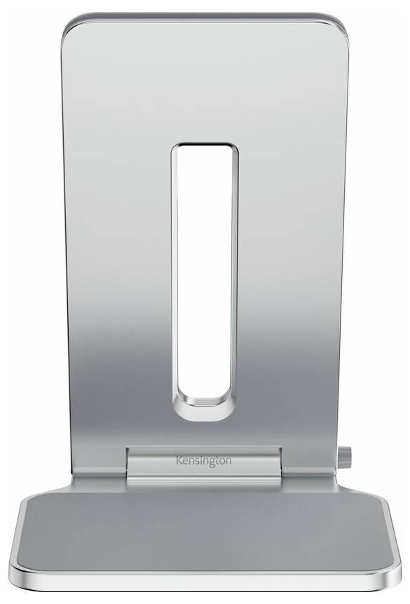 Ein silberner Laptop-Ständer mit rechteckiger Basis und einer großen zentralen Öffnung zur Kabelverwaltung.