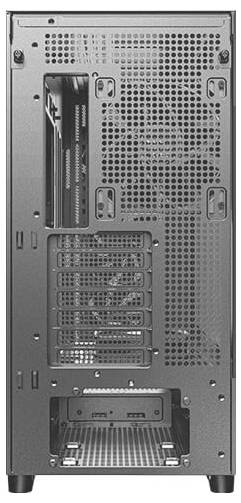 Rückansicht eines Computergehäuses mit mehreren Steckplätzen für Erweiterungskarten und vorgefertigten Lüftungsschlitzen.