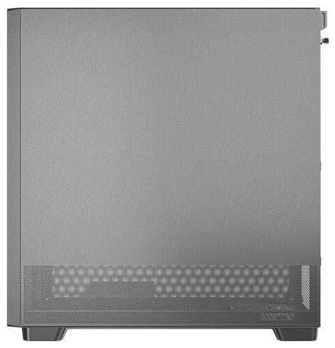 Ein graues Computergehäuse mit seitlichem Lüftungsgitter unten. Das Design ist minimalistisch und funktional.