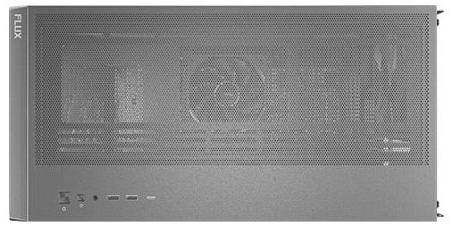 Ein graues Computergehäuse mit belüfteter Frontplatte; Knöpfe und Anschlüsse unten links, markiert mit 'FLUX'.