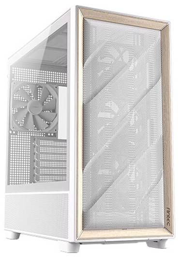 Ein weißes Computergehäuse mit einem Holzrahmen an der Vorderseite, seitlichem Glasfenster, Rückseitenventilator und mehreren Erweiterungssteckplätzen.
