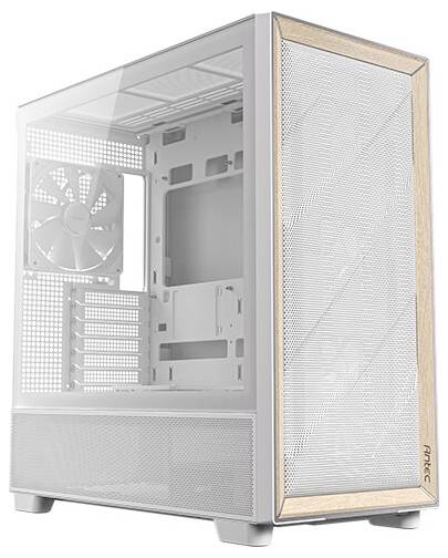 Weißes PC-Gehäuse mit Mesh-Front und einem Lüfter hinten innen sichtbar. Geeignet für effiziente Luftzirkulation im Inneren.