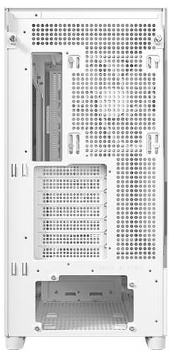 Weiße Computergehäuse-Rückseite mit Lüftungsschlitzen, mehreren Steckplätzen und Öffnungen zur Kabelverbindung.
