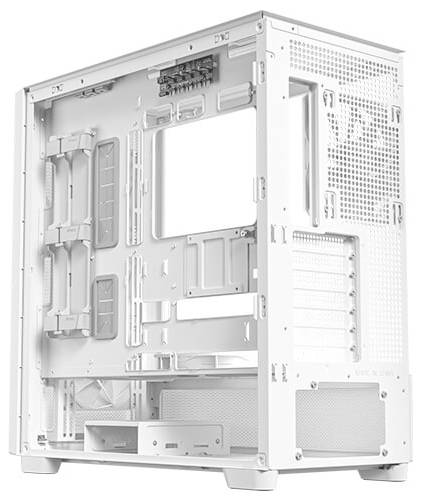 Weißes Computergehäuse mit offenem Blick auf die internen Halterungen und Slots für Komponenten wie Mainboard, Lüfter und Laufwerke.